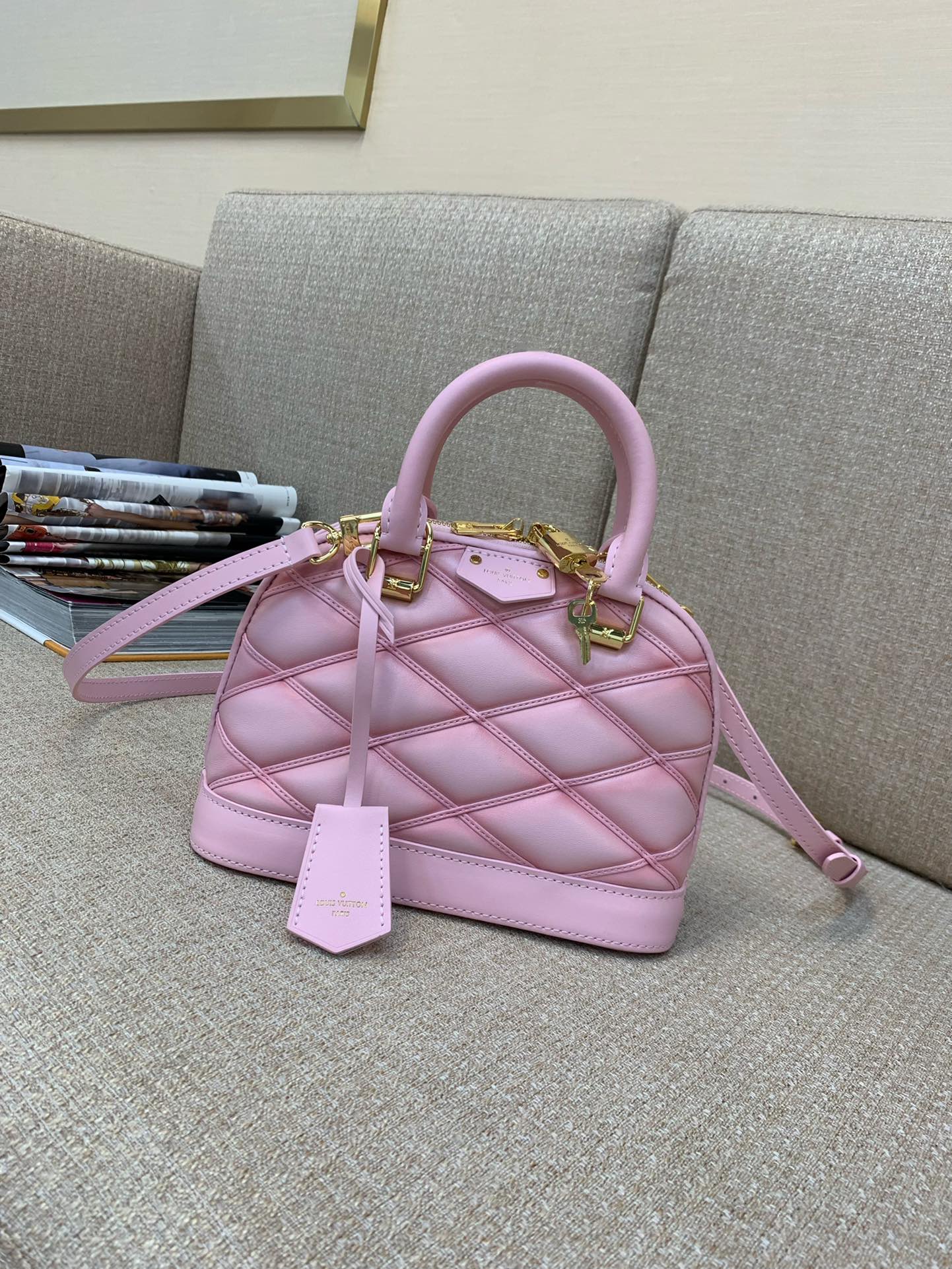 LV Alma BB Handbag Padded Lambskin Baked Effect Top Handle Detachable Strap Padlock Key Pouch Handheld Crossbody - Top Quality