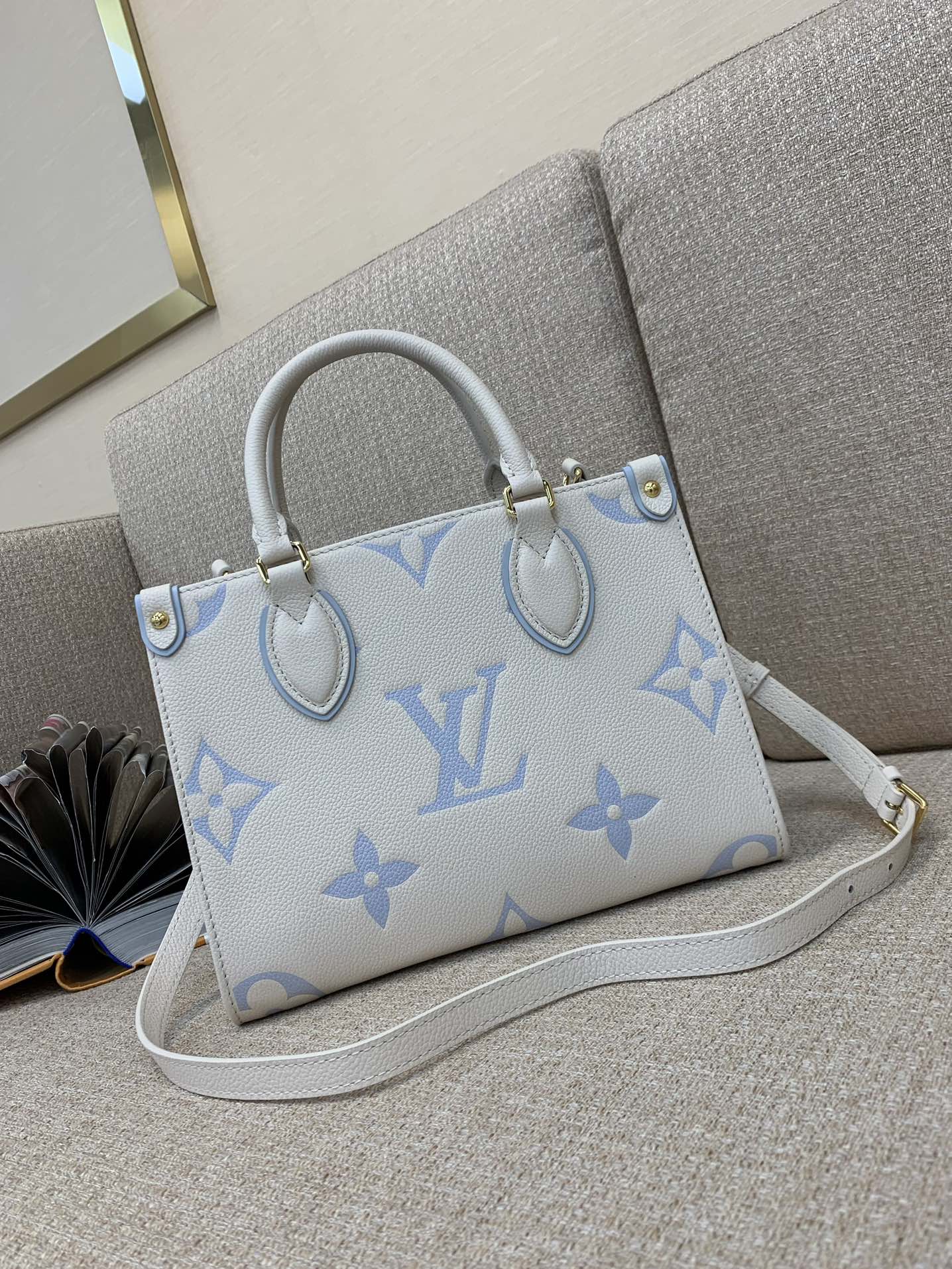 LV Onthego Small Tote Bag Grainy Calfskin Monogram Embossed Long and Short Handles Fits Laptop Handbag Shoulder Bag - Top Quality