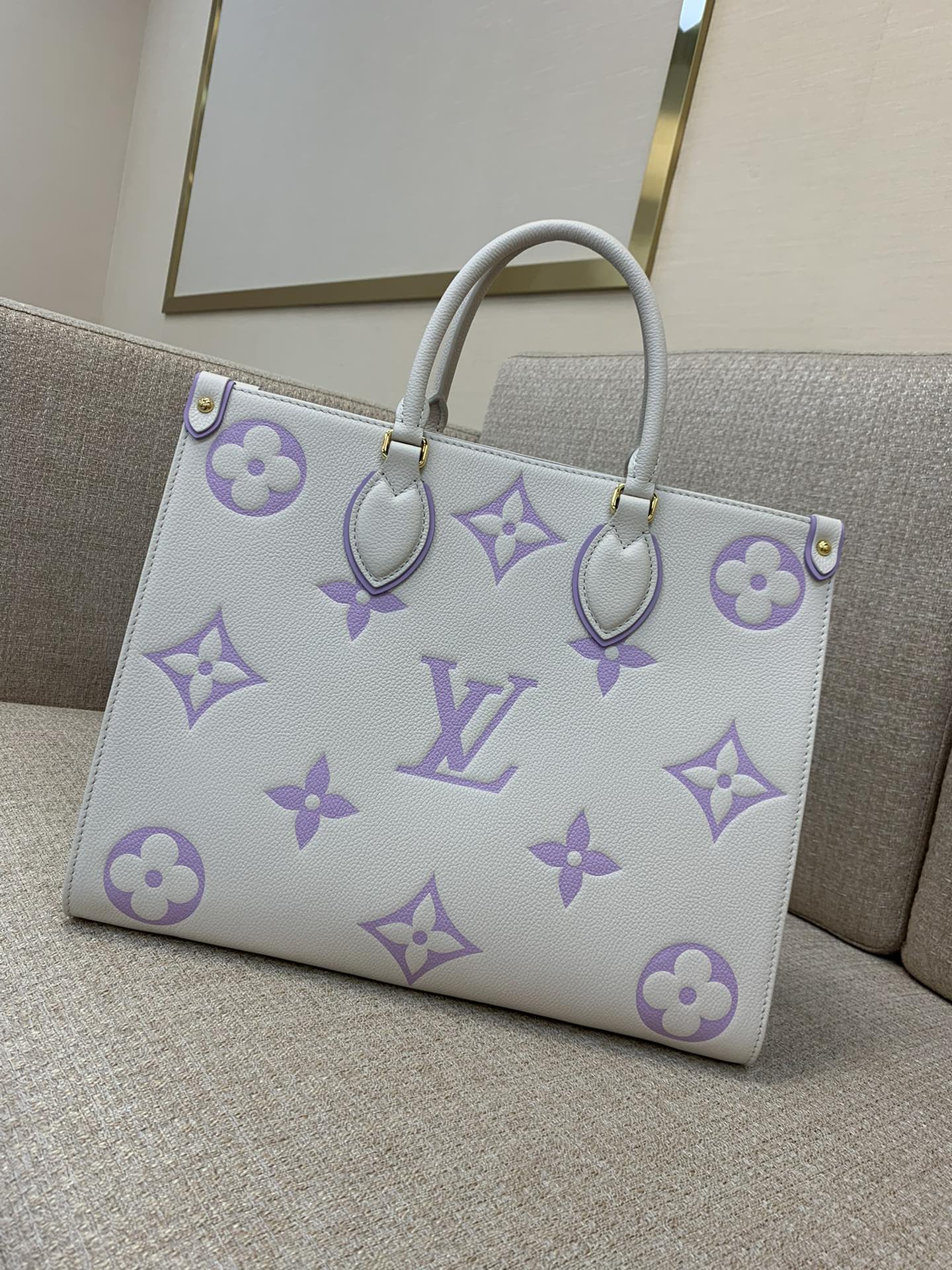 LV Onthego Medium Tote Bag Grainy Calfskin Monogram Embossed Long and Short Handles Fits Laptop Handbag Shoulder Bag - Top Quality