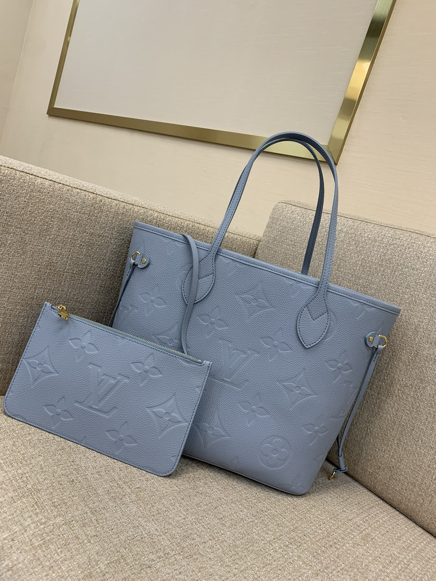 LV Neverfull MM Tote Bag Monogram Empreinte Soft Embossed Leather Side Cinch Straps Long Handles Shoulder Elbow Carry - Top Quality