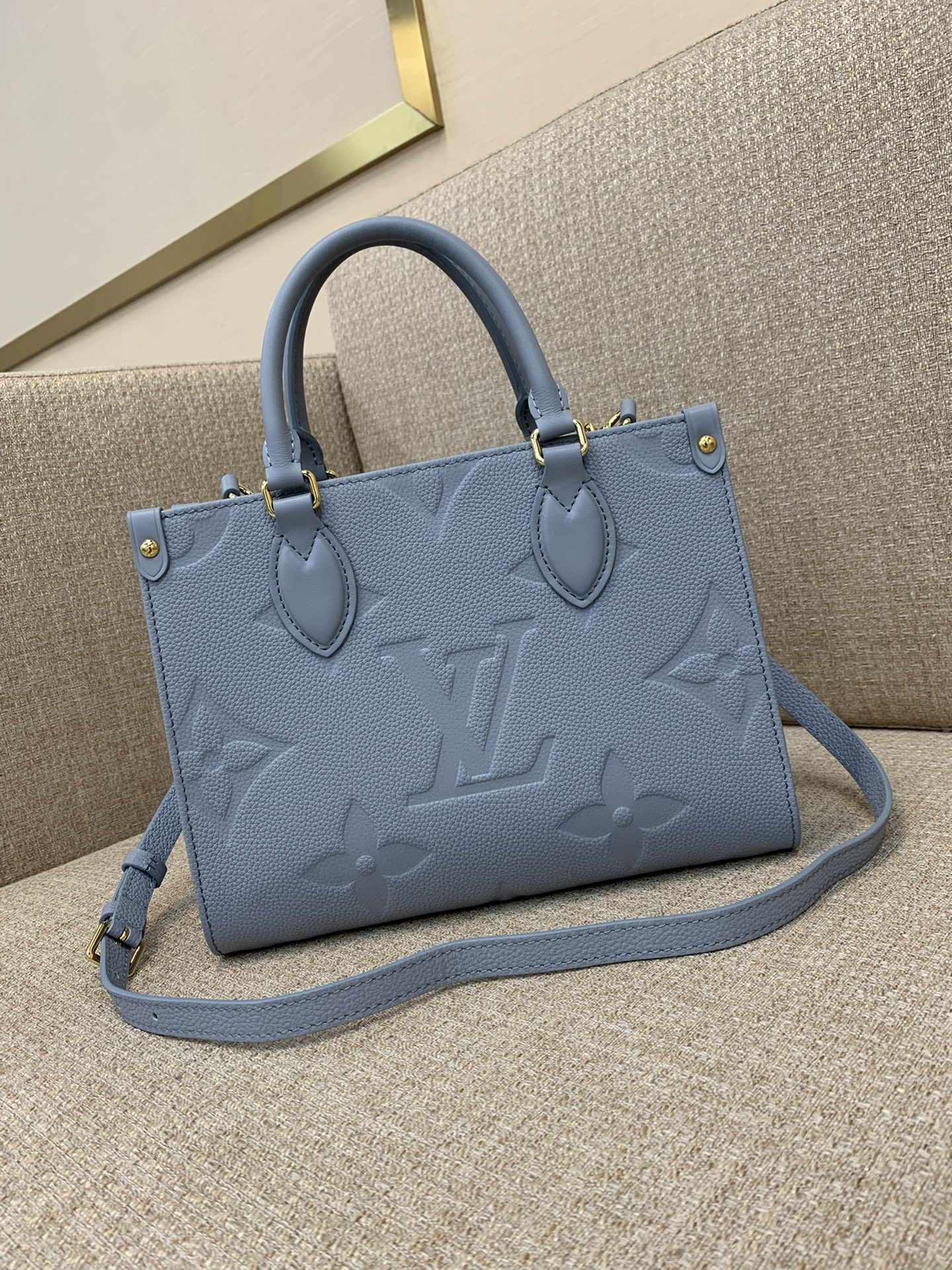 LV Onthego Small Tote Bag Monogram Empreinte Leather Giant Monogram Embossed Top Handle Shoulder Strap Fits iPad Mini - Top Quality