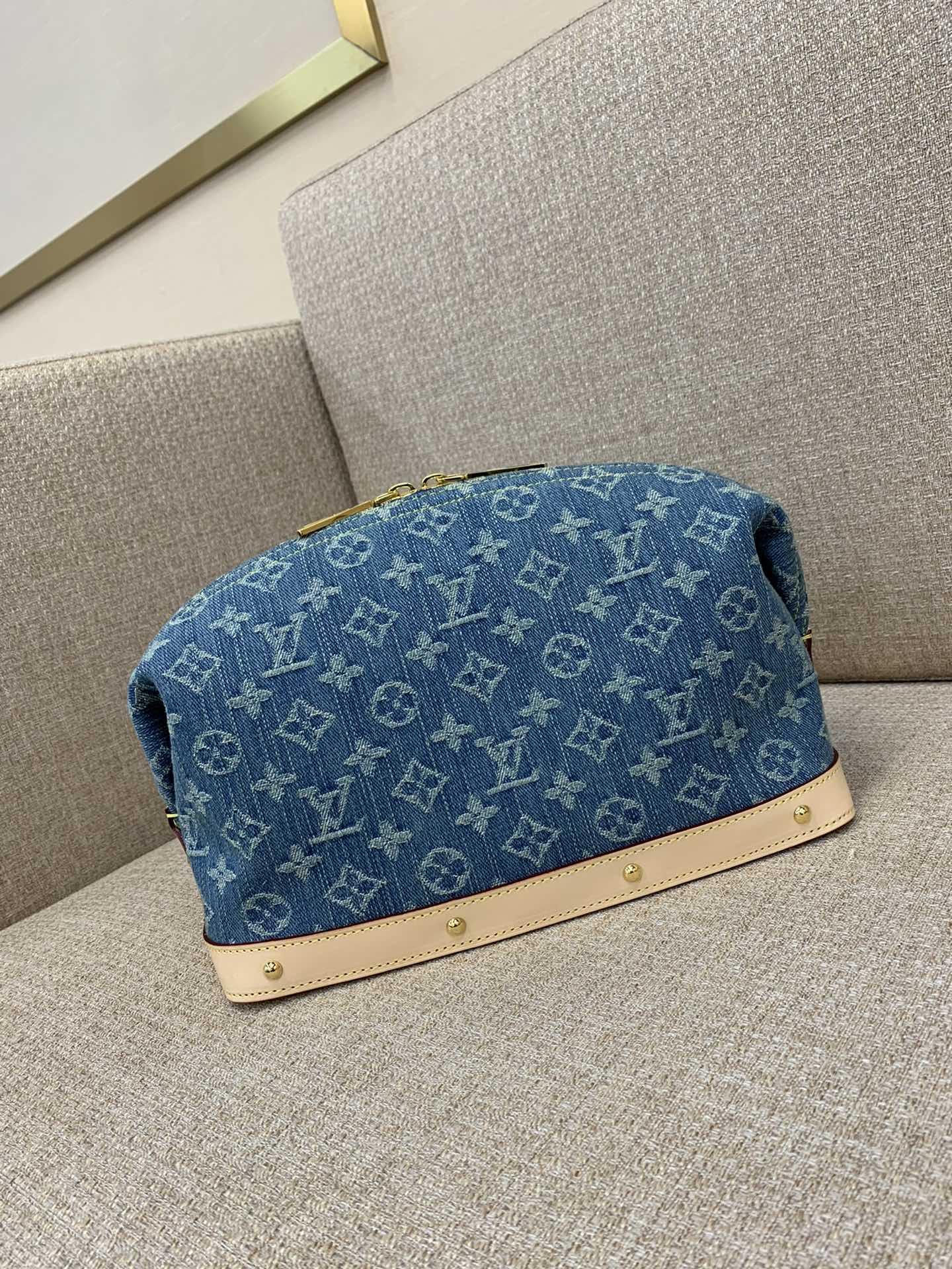 LV Pochette Cosmétique вялікая касметычная сумка Monogram Denim палатно аздабленне са скуры буйной рагатай жывёлы заклёпкі дарожная арганізацыя-вышэйшая якасць