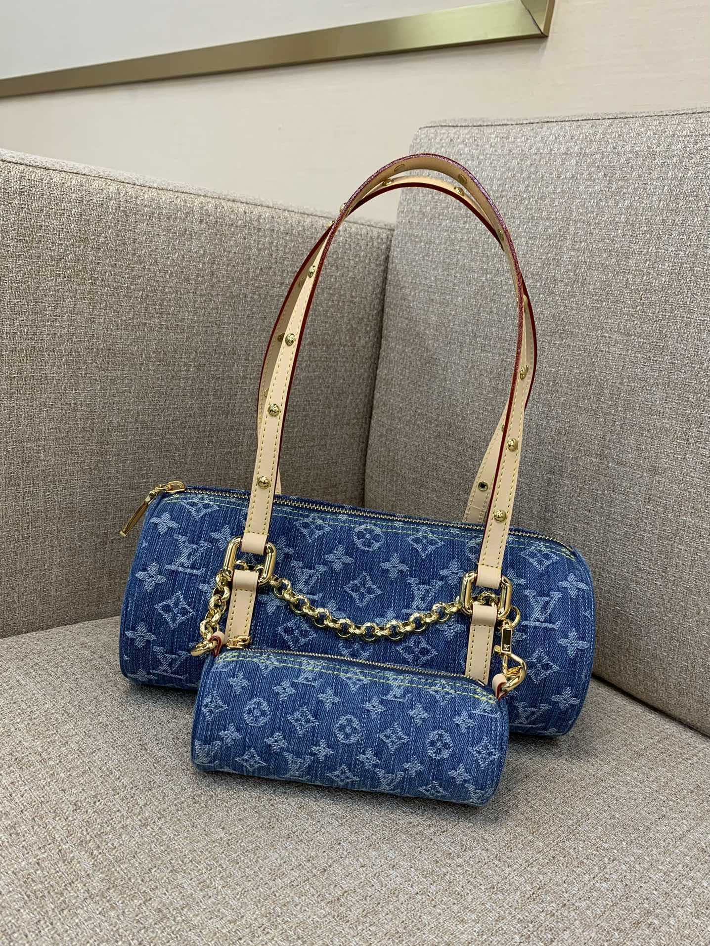 LV Papillon сумка Monogram Denim палатно адбелены пясочны цыліндр ручная - вышэйшая якасць