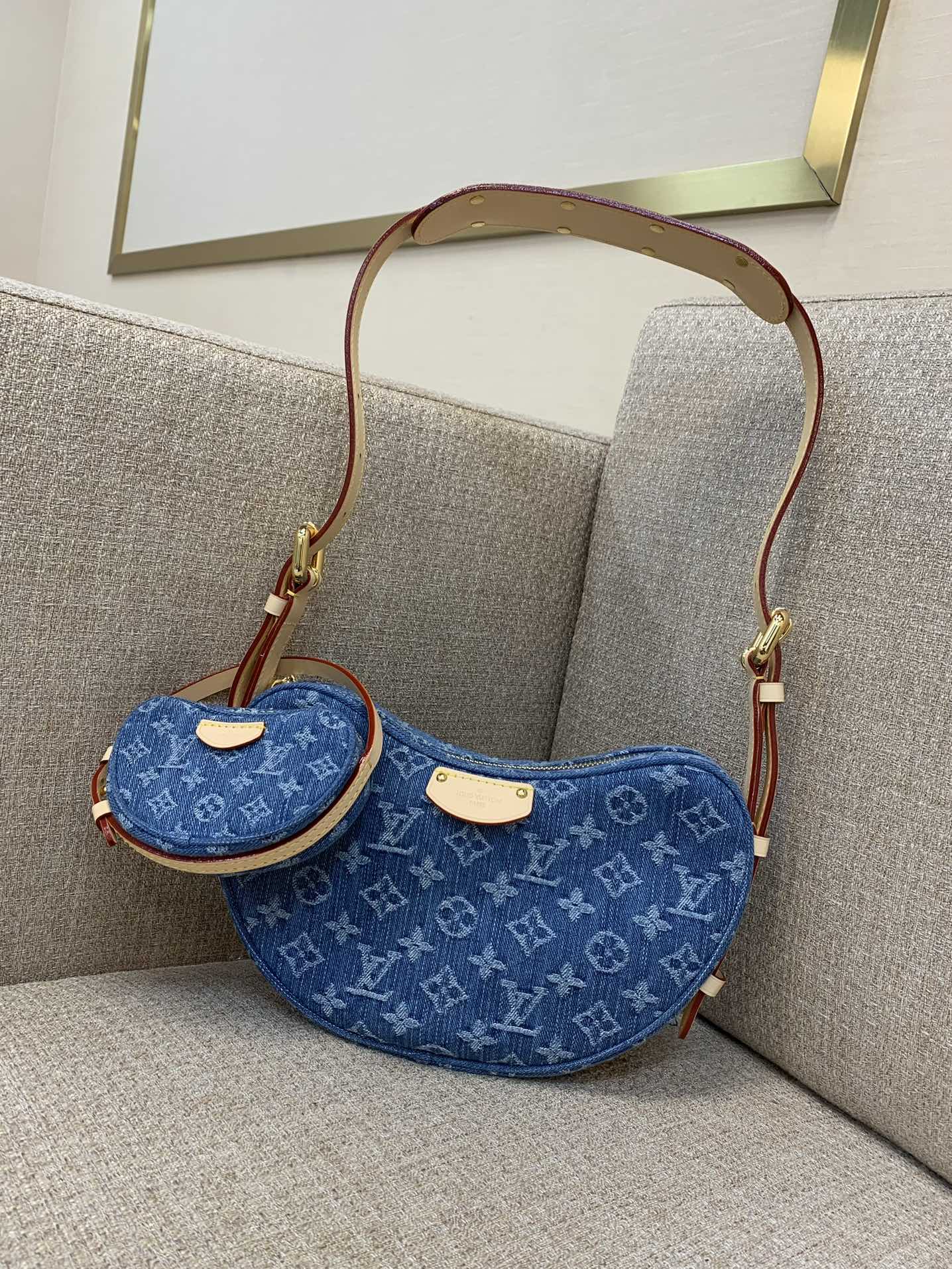 LV Croissant сярэдняя сумка Monogram Denim палатно рэгуляваны рамень здымная міні-сумка праз плячо-вышэйшая якасць