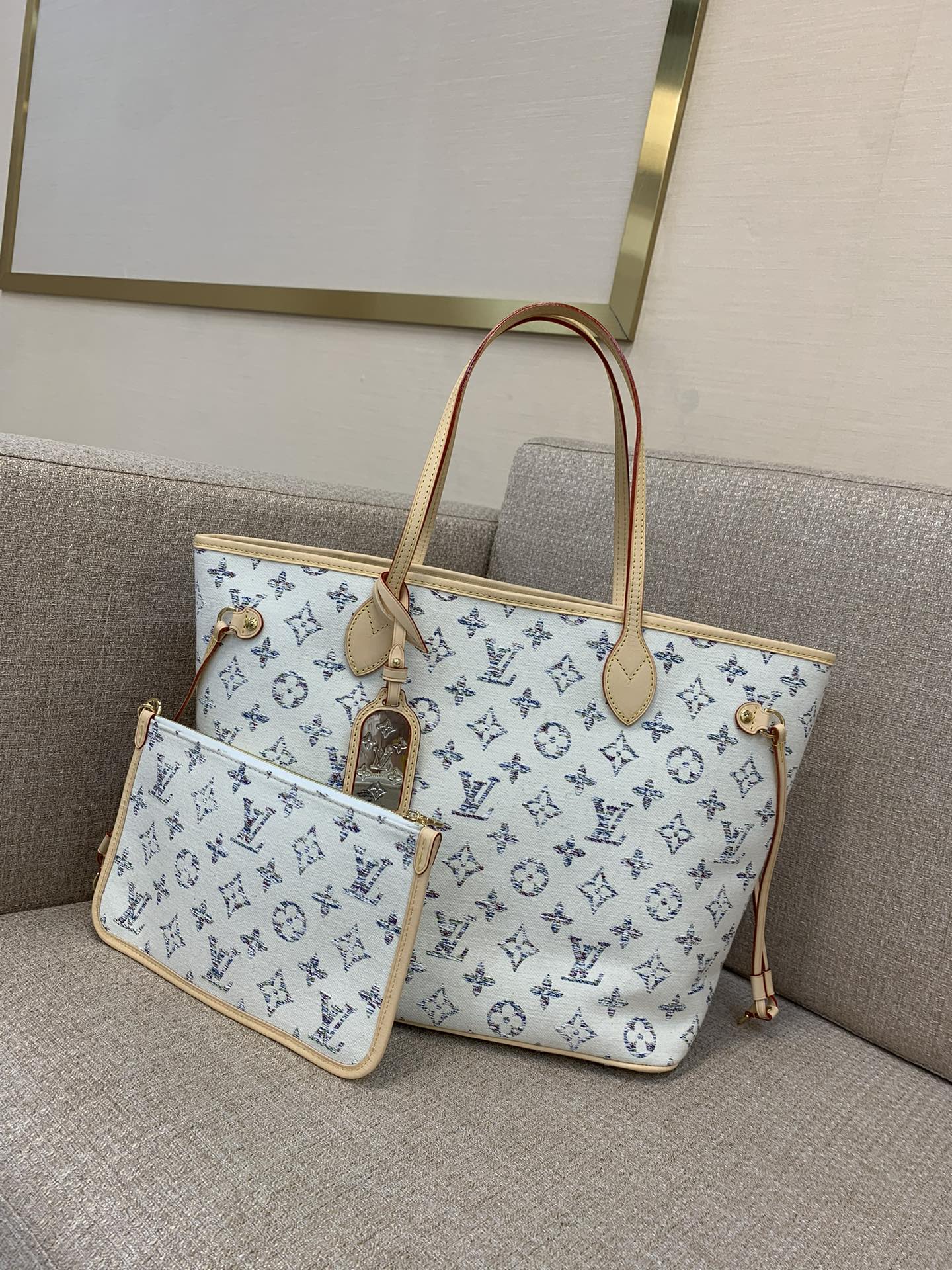 LV Neverfull MM 핸드백 Nautical 시리즈 컬러 Monogram 자카드 그라데이션 얀 조각 미러 참 탈착식 지퍼 포켓 토트백 - 최상급 품질