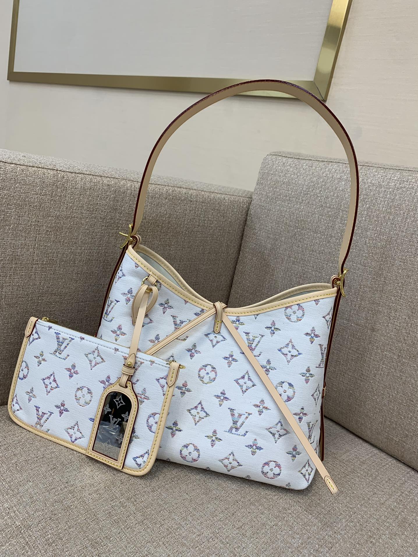 LV CarryAll 스몰 핸드백 Nautical 시리즈 Monogram 자카드 패브릭 소가죽 트림 미러 장식 숄더 크로스바디 - 최상급 품질