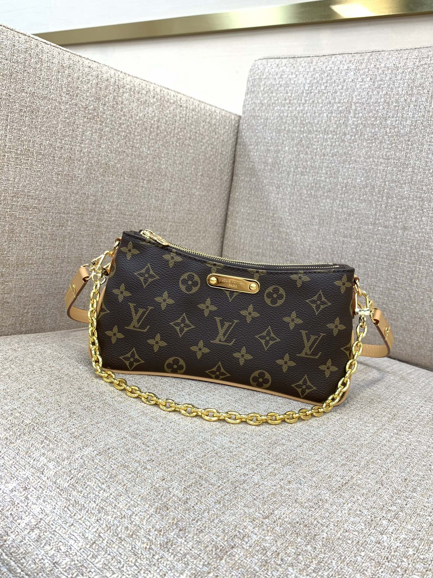 LV Liv Pochette Bag Monogram Canvas Detachable Gold Chain Adjustable Shoulder Straps Double Zipper Gold Engraved Plate Shoulder Crossbody - Top Quality