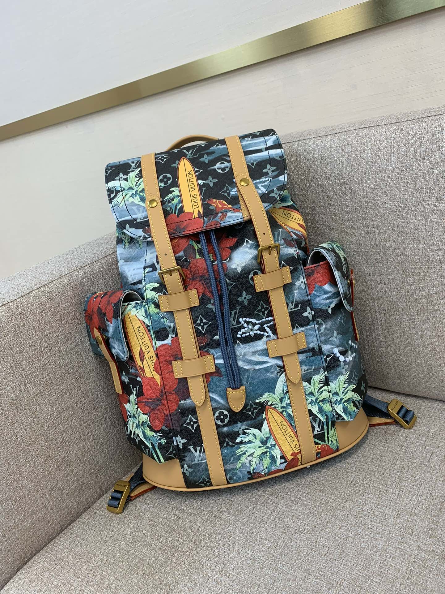 LV Christopher MM Backpack Monogram Surfin Canvas Surfboard Floral Pattern Vintage Style Multi-Compartments External Side Pockets Hiking Backpack - Top Quality