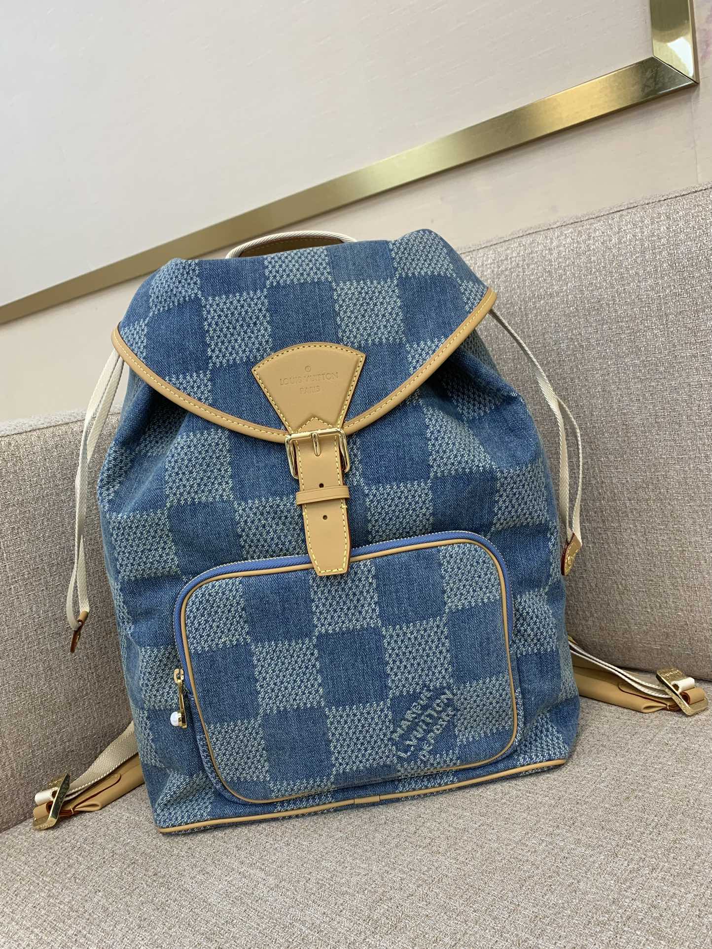 LV Montsouris заплечнік Monogram ціснёная выцвілая джынсавая тканіна шнур-зацяжка рэтра-этыкетка вялікая ёмістасць-топ-якасць