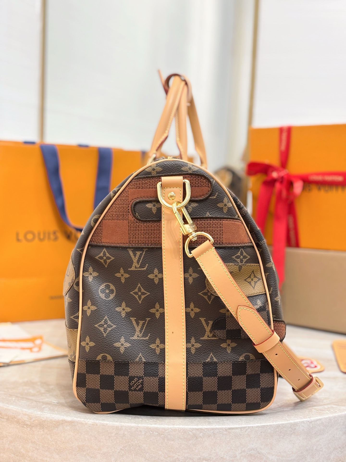 Louis Vuitton Keepall Bandouli re 50 Brown Monogram Damier patchwork 50 travel