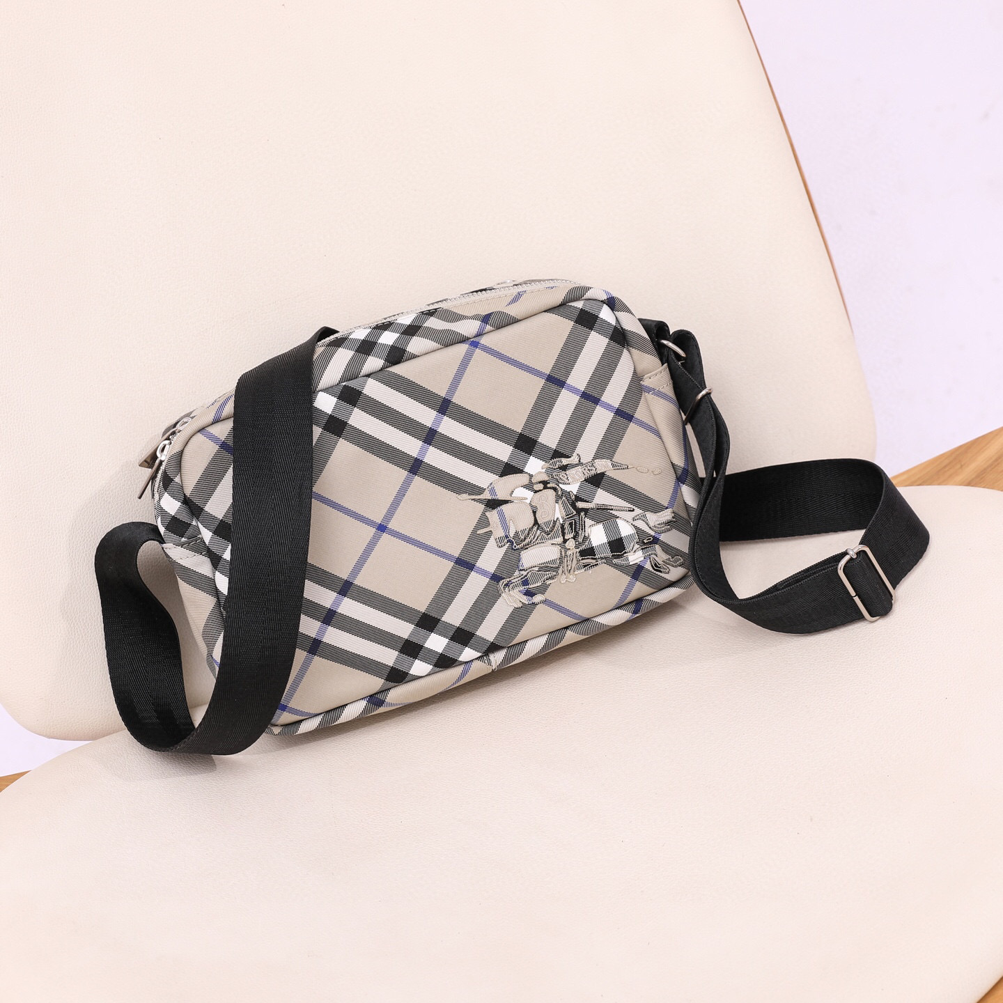 Burberry Plaid Camera Bag, Lightweight Crossbody with Knight Emblem
