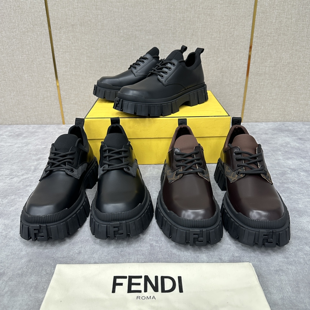 FD新品Fend*Force黑色牛皮系带皮鞋方头德比鞋官方7,200采用雾面哑光牛皮拼接撞色烟灰色和黑白