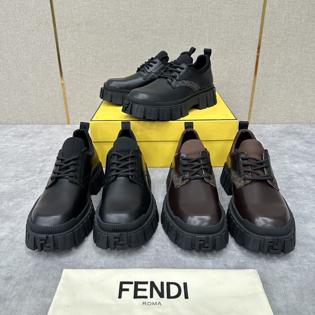 FD新品Fend*Force黑色牛皮系带皮鞋方头德比鞋官方7,200采用雾面哑光牛皮拼接撞色烟灰色和黑白