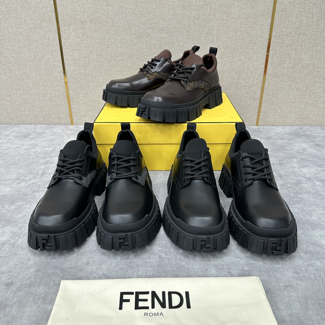 FD新品Fend*Force黑色牛皮系带皮鞋方头德比鞋官方7,200采用雾面哑光牛皮拼接撞色烟灰色和黑白