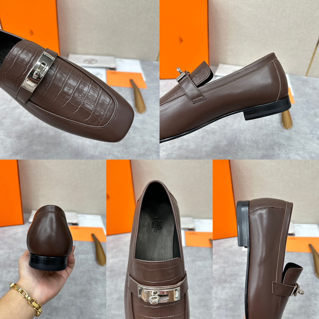 H家新品Herme*爱马-仕Giovanni乐福鞋皮鞋官方RMB8,350采用进口牛皮/高丝光磨砂牛皮打