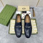 Gucci Shoes Loafers Plain Toe Men Gold Hardware Calfskin Cowhide Genuine Leather Rubber Vintage Chains