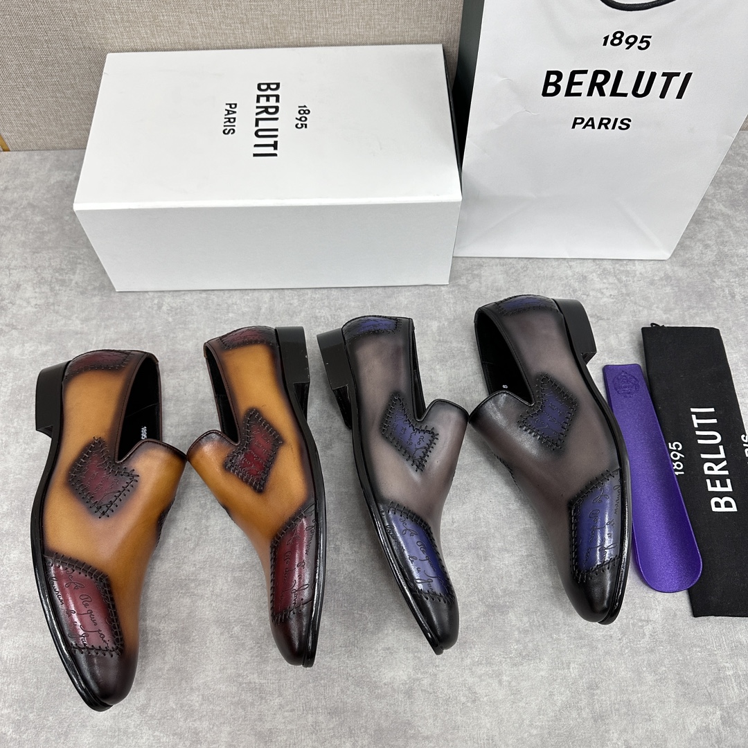 Berlut*布鲁提最新款商务正装补缝不对称Scritto图纹乐福鞋皮鞋采用意大利进口小牛皮制成高品质材