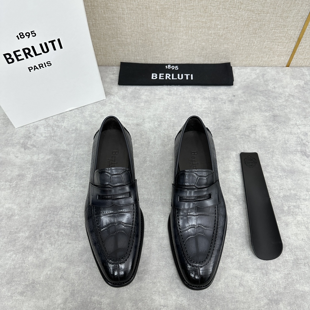 Berlut*布鲁提新款男士手工擦色乐福鞋皮鞋出货独家渠道精品一脚蹬简便款司机鞋甄选优质进口小牛皮鳄鱼压