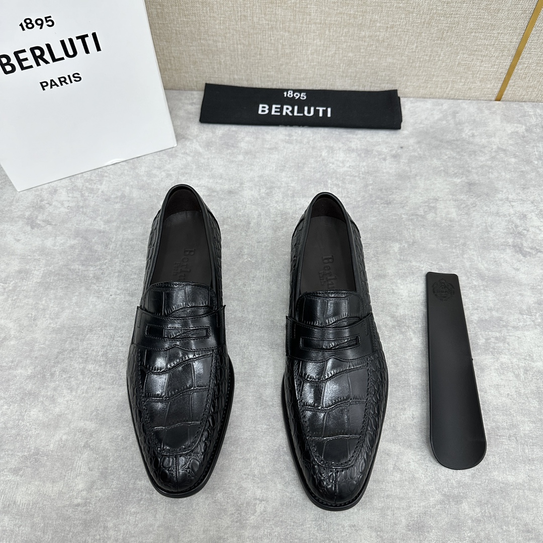 Berlut*布鲁提新款男士手工擦色乐福鞋皮鞋出货独家渠道精品一脚蹬简便款司机鞋甄选优质进口小牛皮鳄鱼压