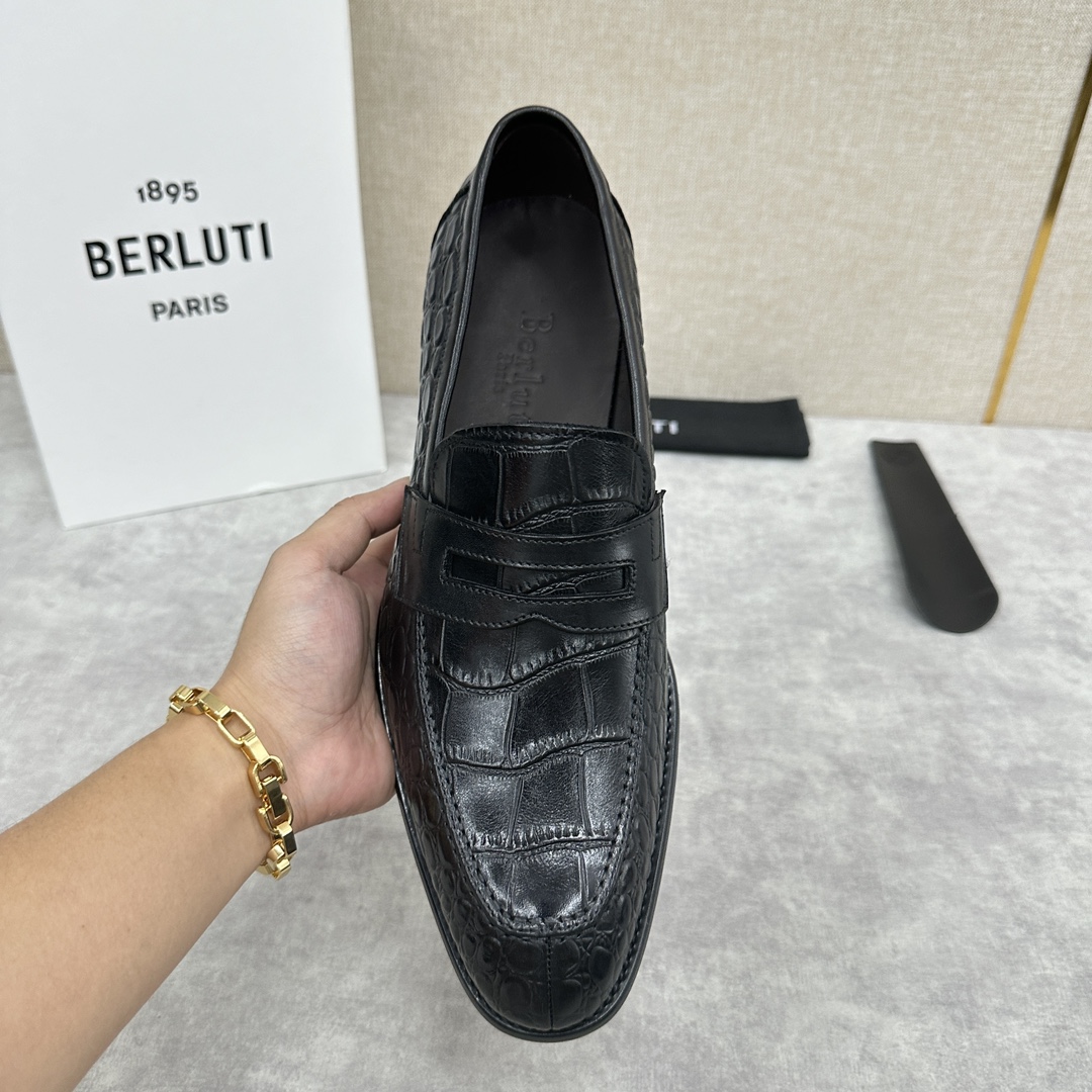 Berlut*布鲁提新款男士手工擦色乐福鞋皮鞋出货独家渠道精品一脚蹬简便款司机鞋甄选优质进口小牛皮鳄鱼压