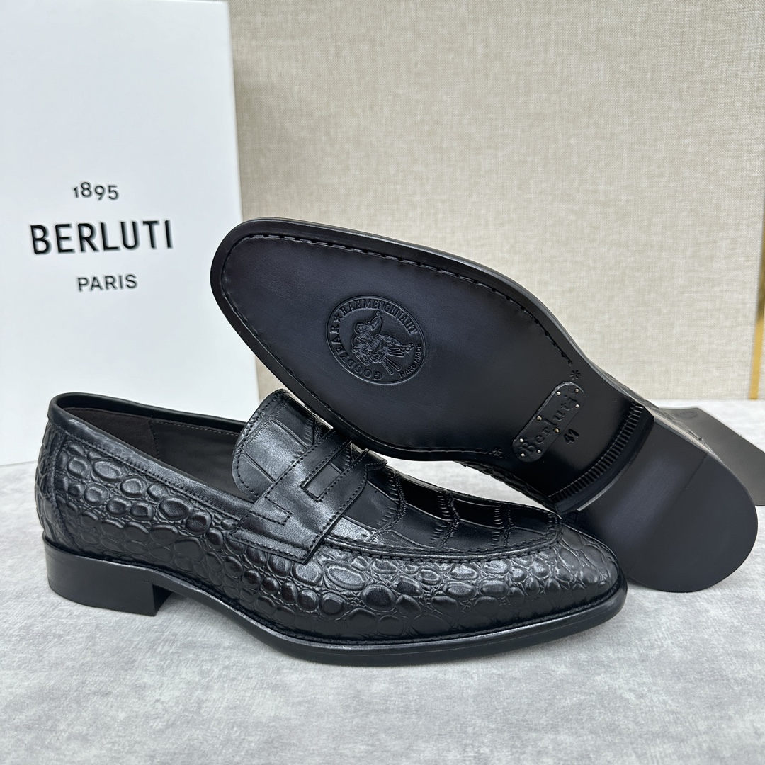 Berlut*布鲁提新款男士手工擦色乐福鞋皮鞋出货独家渠道精品一脚蹬简便款司机鞋甄选优质进口小牛皮鳄鱼压