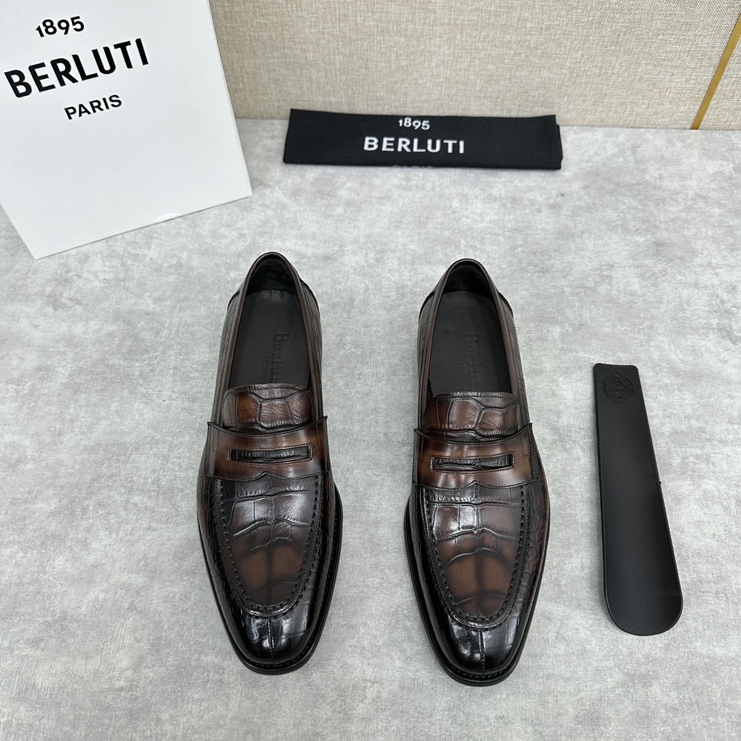 Berlut*布鲁提新款男士手工擦色乐福鞋皮鞋出货独家渠道精品一脚蹬简便款司机鞋甄选优质进口小牛皮鳄鱼压