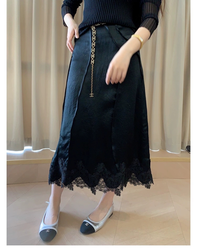 上新款高级感蕾丝花边拼接显瘦半裙材质：A00%醋酸颜色：米杏色，黑色尺码：S-XL