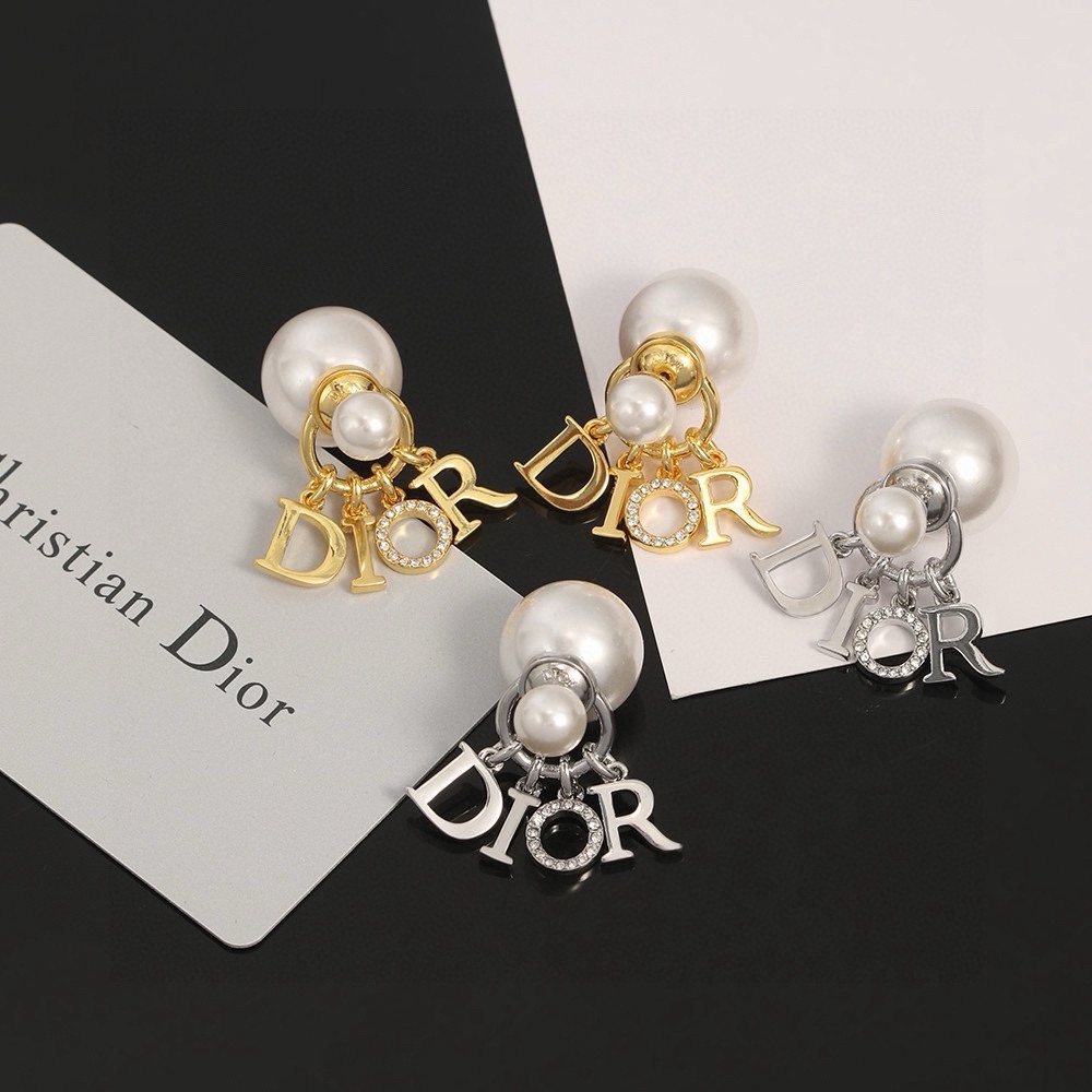 Dior Joyas Pendiente Plata Blanco Incrustados con diamantes Resina