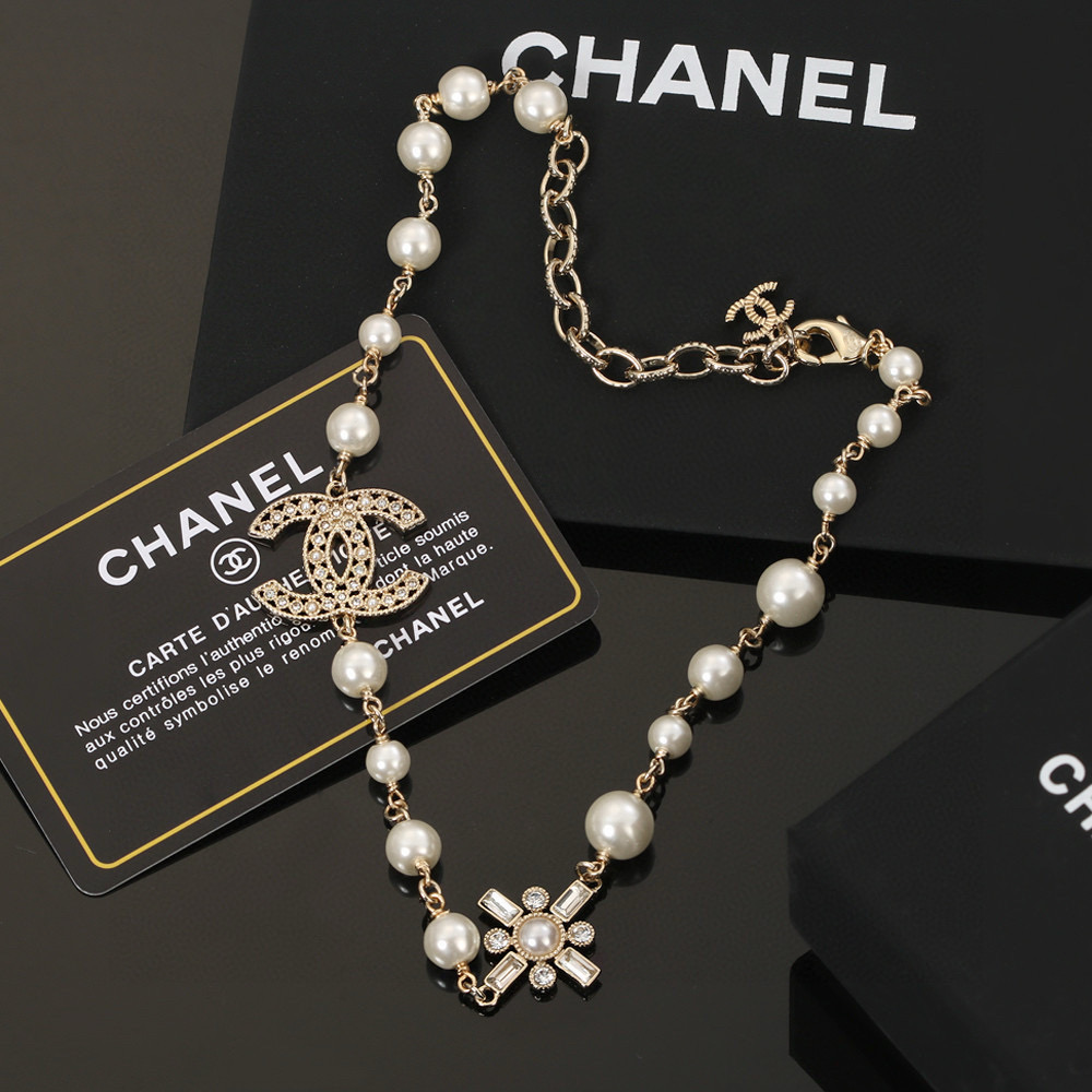 Chanel Pearl Necklace with Double C Logo,Adjustable Length, Gold Finish