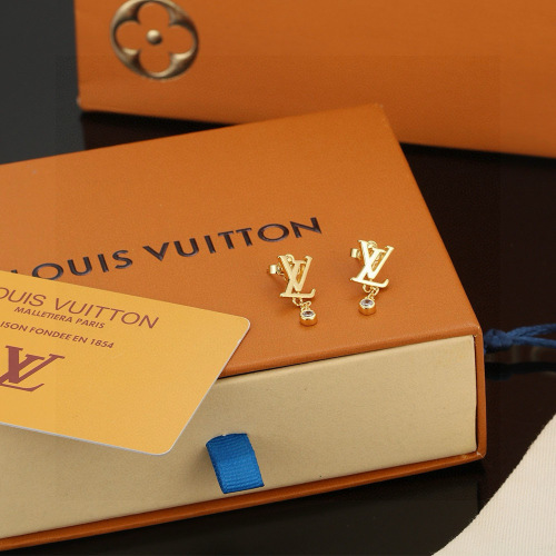 Louis Vuitton Gold-Tone LV Logo Stud Earrings with Crystal Accents 1 Louis Vuitton Gold-Tone LV Logo Stud Earrings with Crystal Accents