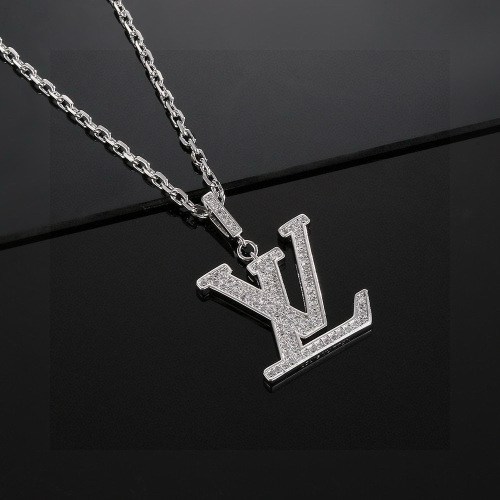 Louis Vuitton LV Letter Necklace Rhinestone Pendant Chain Silver 1 Louis Vuitton LV Letter Necklace Rhinestone Pendant Chain Silver