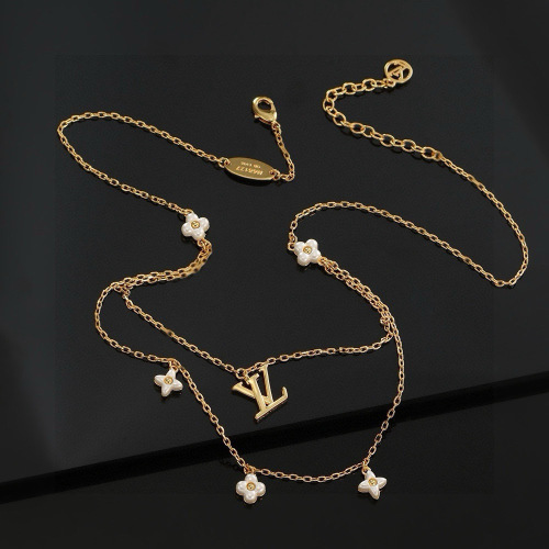 Louis Vuitton Inspired Gold-Tone Necklace with Letter and Floral Charms