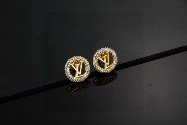 Louis Vuitton Gold-Tone Stud Earrings with LV Logo and Crystal Accents 1 Louis Vuitton Gold-Tone Stud Earrings with LV Logo and Crystal Accents