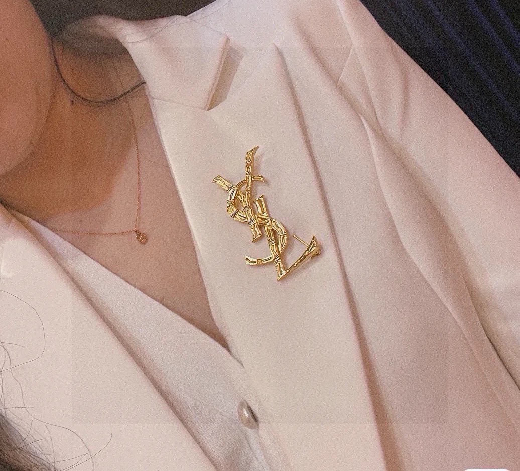Saint Laurent Cassandre YSL Monogram Bamboo Textured Brooch brooch gold tone metal no accent stones 4 5cm width
