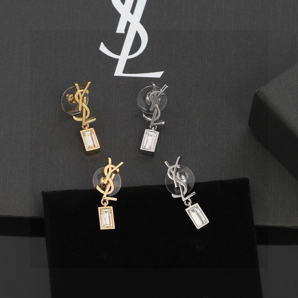 Saint Laurent Cassandre YSL Monogram Crystal Drop earrings Gold-tone metal with clear baguette-cut crystals Silver-tone metal with clear baguette-cut crystals 2 2cm drop length