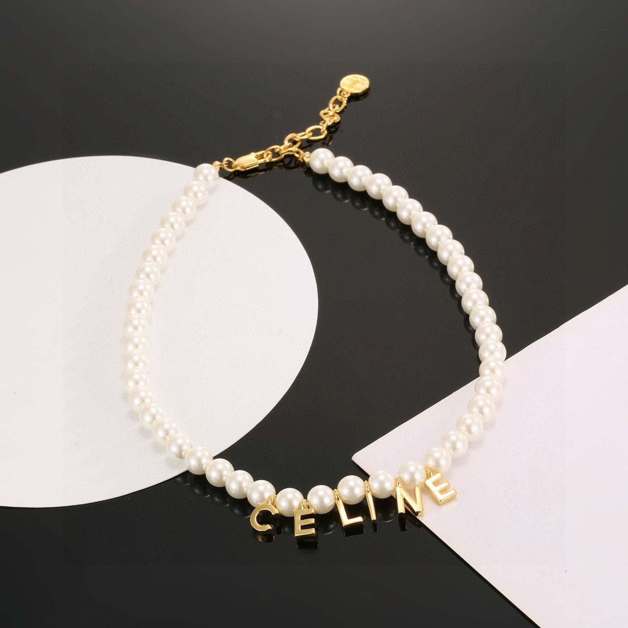 Celine Logo Letter Pearl Choker necklace Gold-tone metal white imitation pearl 40cm with 5cm extender chain