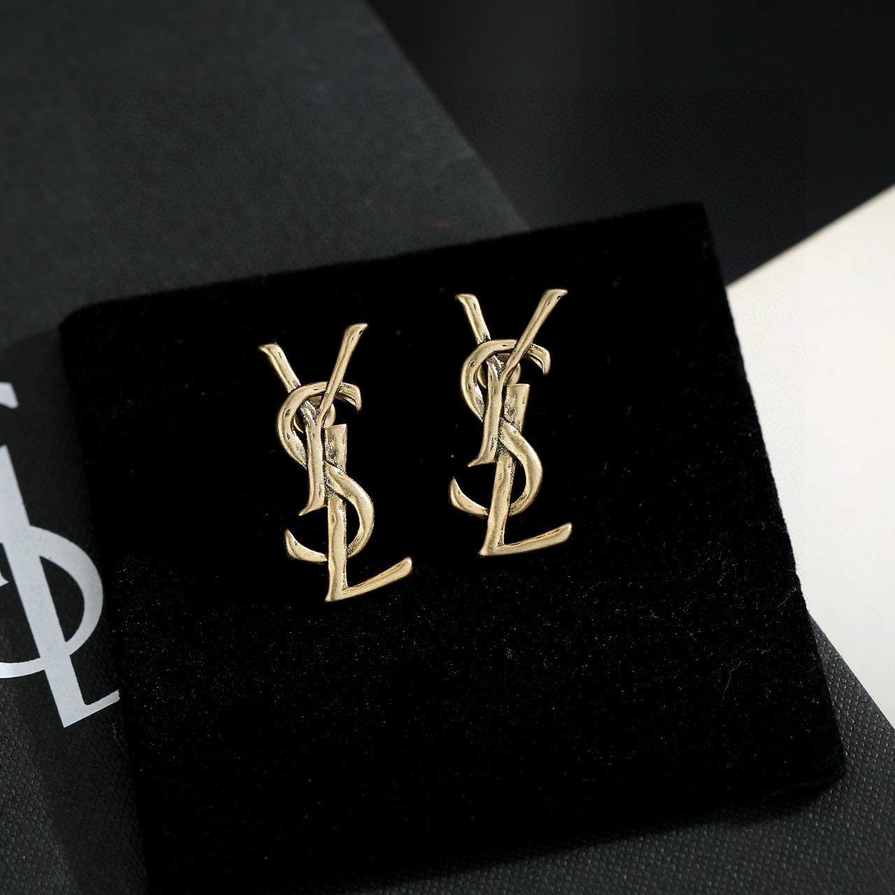 Saint Laurent Cassandre Monogram earrings antique gold tone metal 2 2cm length