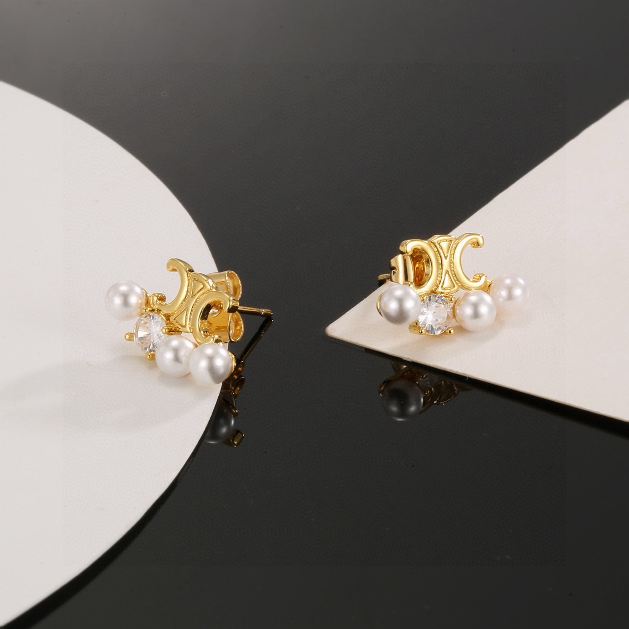 Celine Triomphe Pearl Crystal Stud Earrings earrings Gold-tone metal white pearls clear crystal One Size 1cm width per
