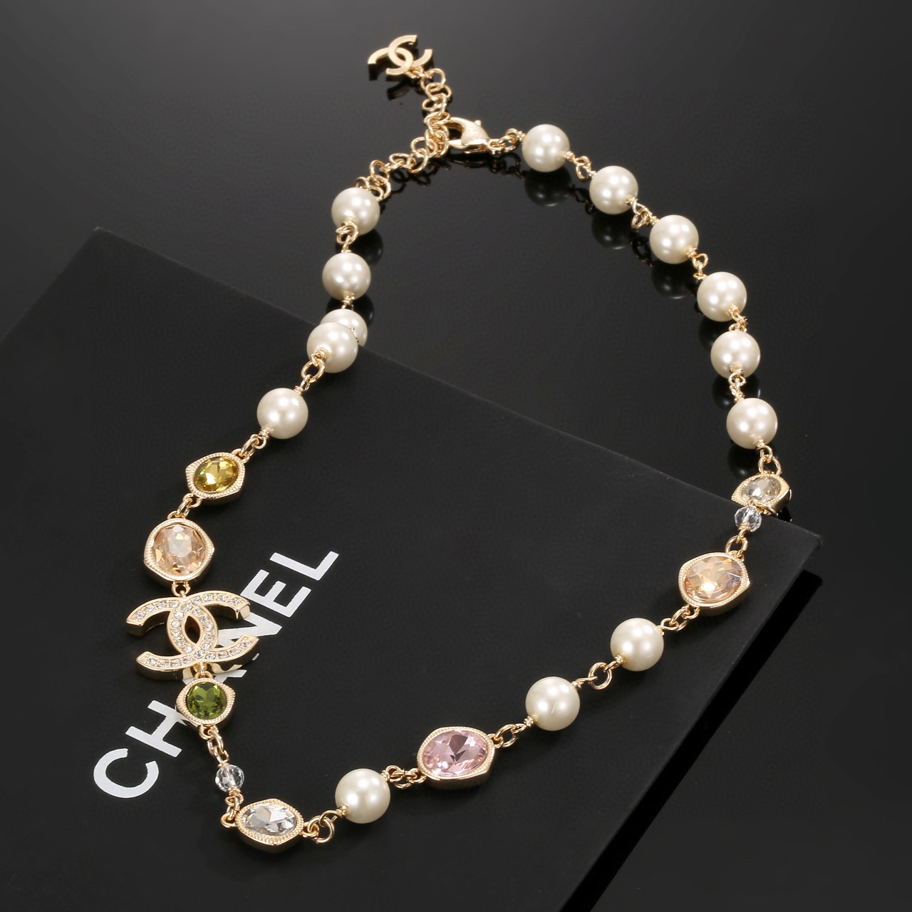 Chanel Interlocking CC Multicolor Crystal and Pearl Necklace - Comprehensive