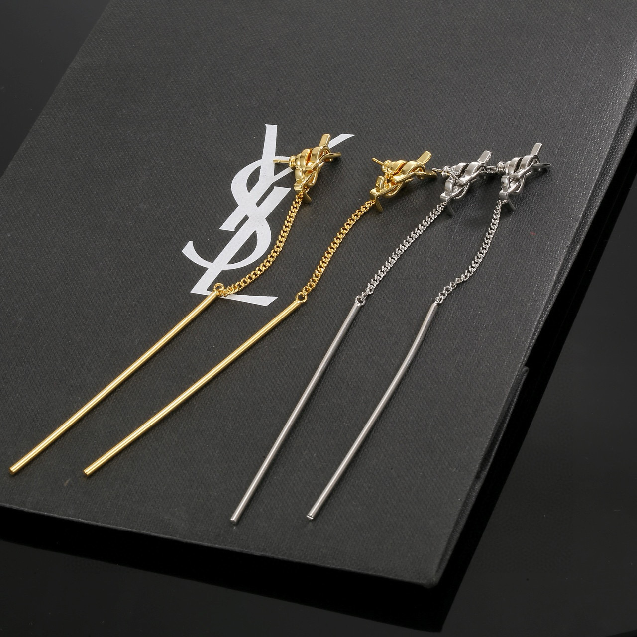 Saint Laurent YSL Monogram Long Bar Drop Earrings earrings Gold-tone metal gold variant Silver-tone metal silver variant no gemstones 7cm total drop length