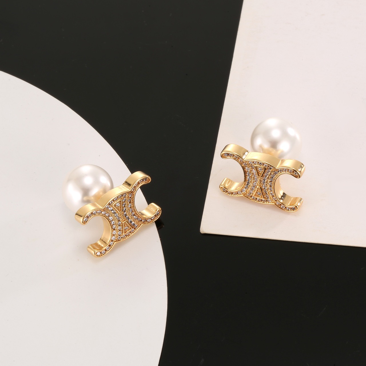 Celine Triomphe Pearl Stud Earrings earrings gold-tone metal clear crystal accents white pearl 1 5cm length