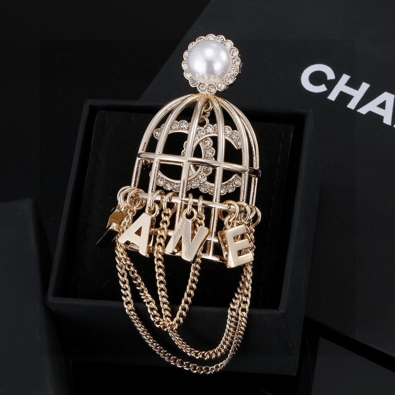 Chanel C Logo Birdcage Letter Charm Collection brooch light gold metal white faux pearl clear crystal 6cm