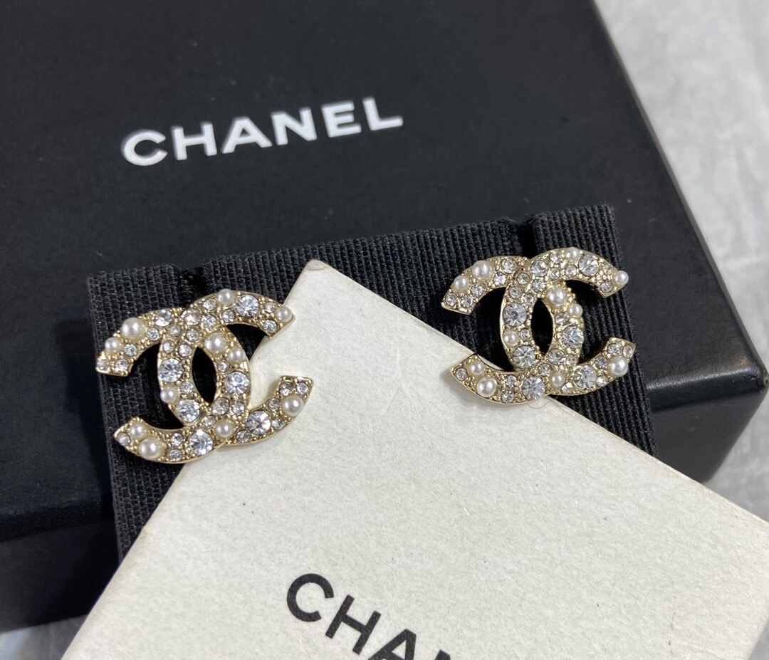 Chanel CC Logo Stud Earrings earrings gold-tone metal with clear crystals and white faux pearls 1 2cm stud diameter