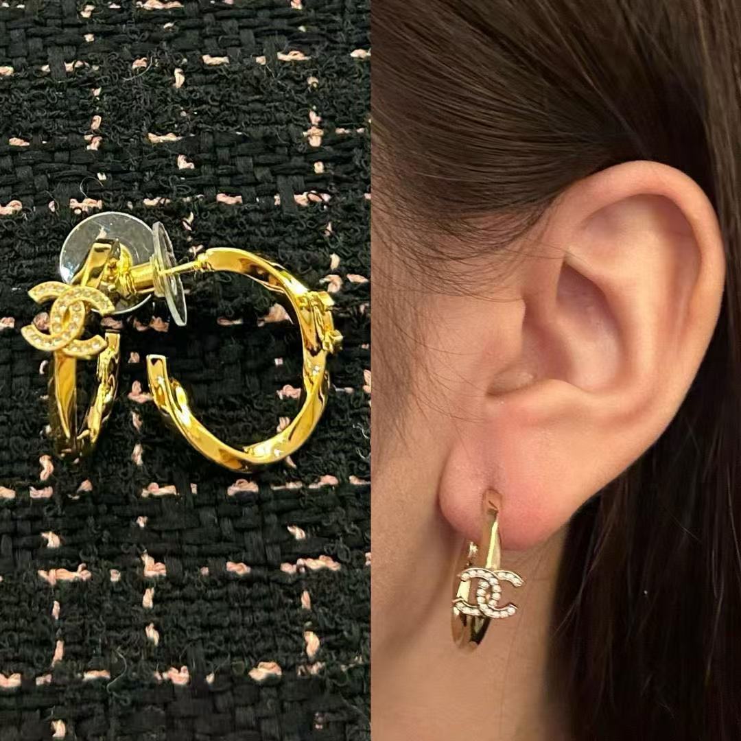 chanel pale gold cc pendant hoop earrings