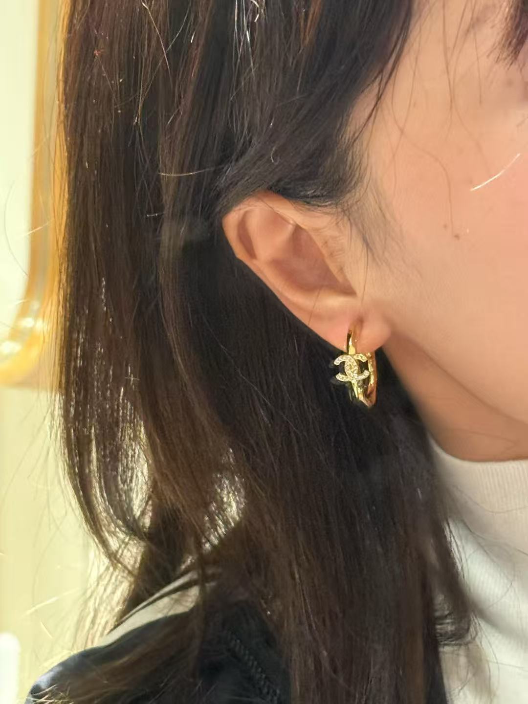 chanel pale gold cc pendant hoop earrings