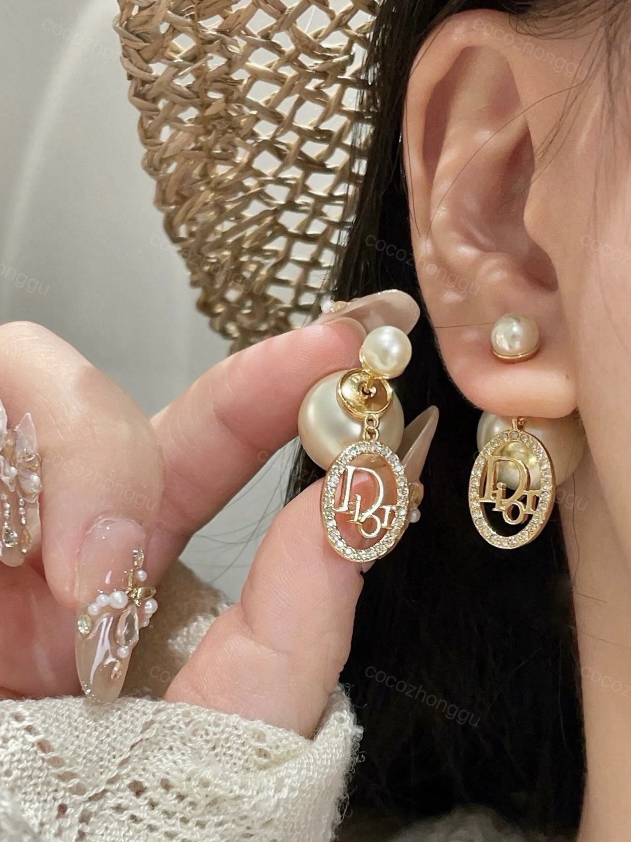 dior gold pearl cannage circle drop earrings