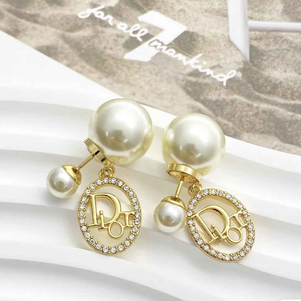 dior gold pearl cannage circle drop earrings
