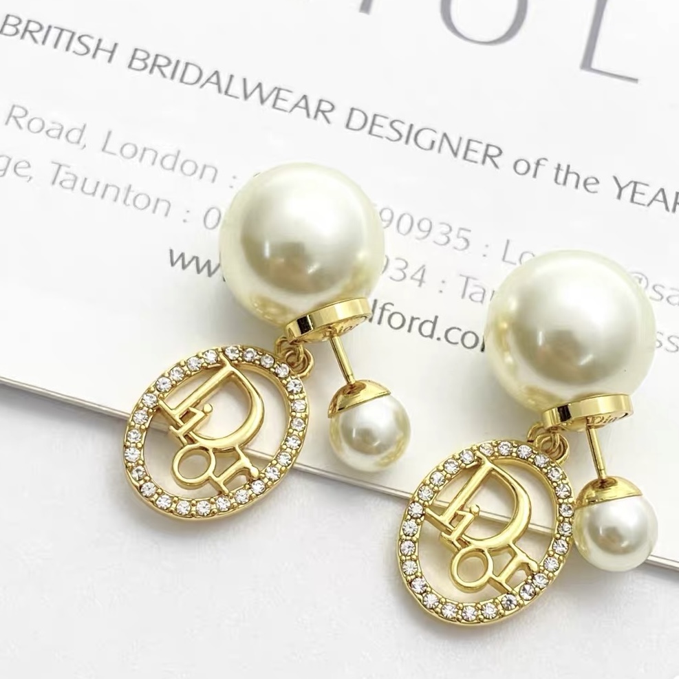 dior gold pearl cannage circle drop earrings