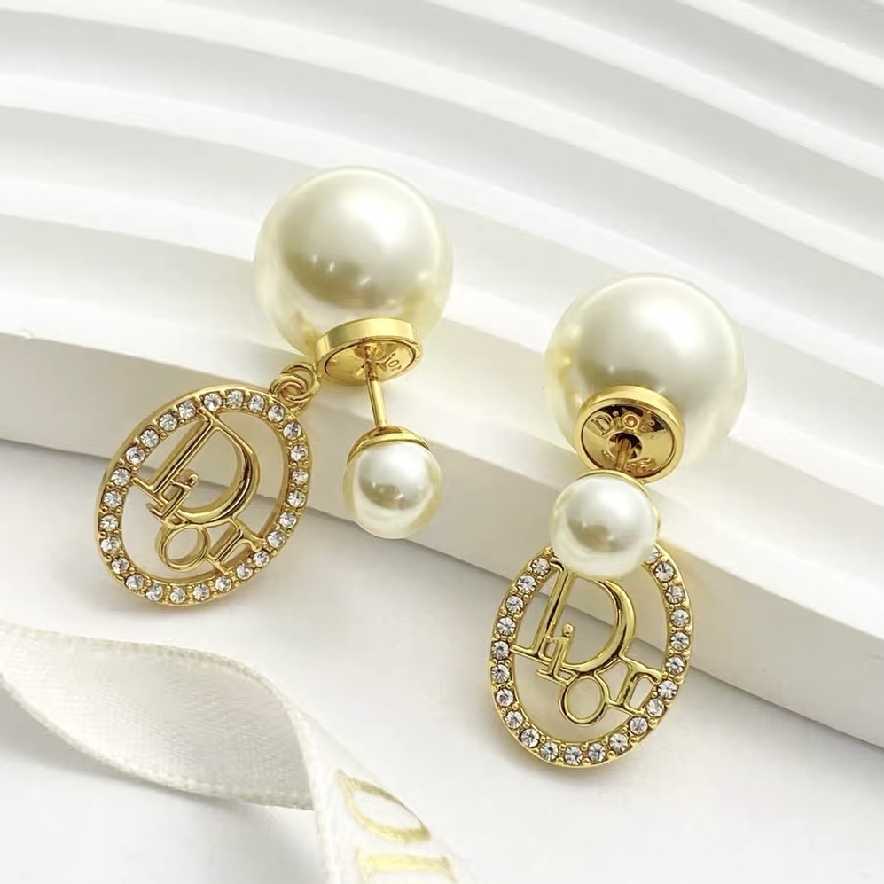 dior gold pearl cannage circle drop earrings