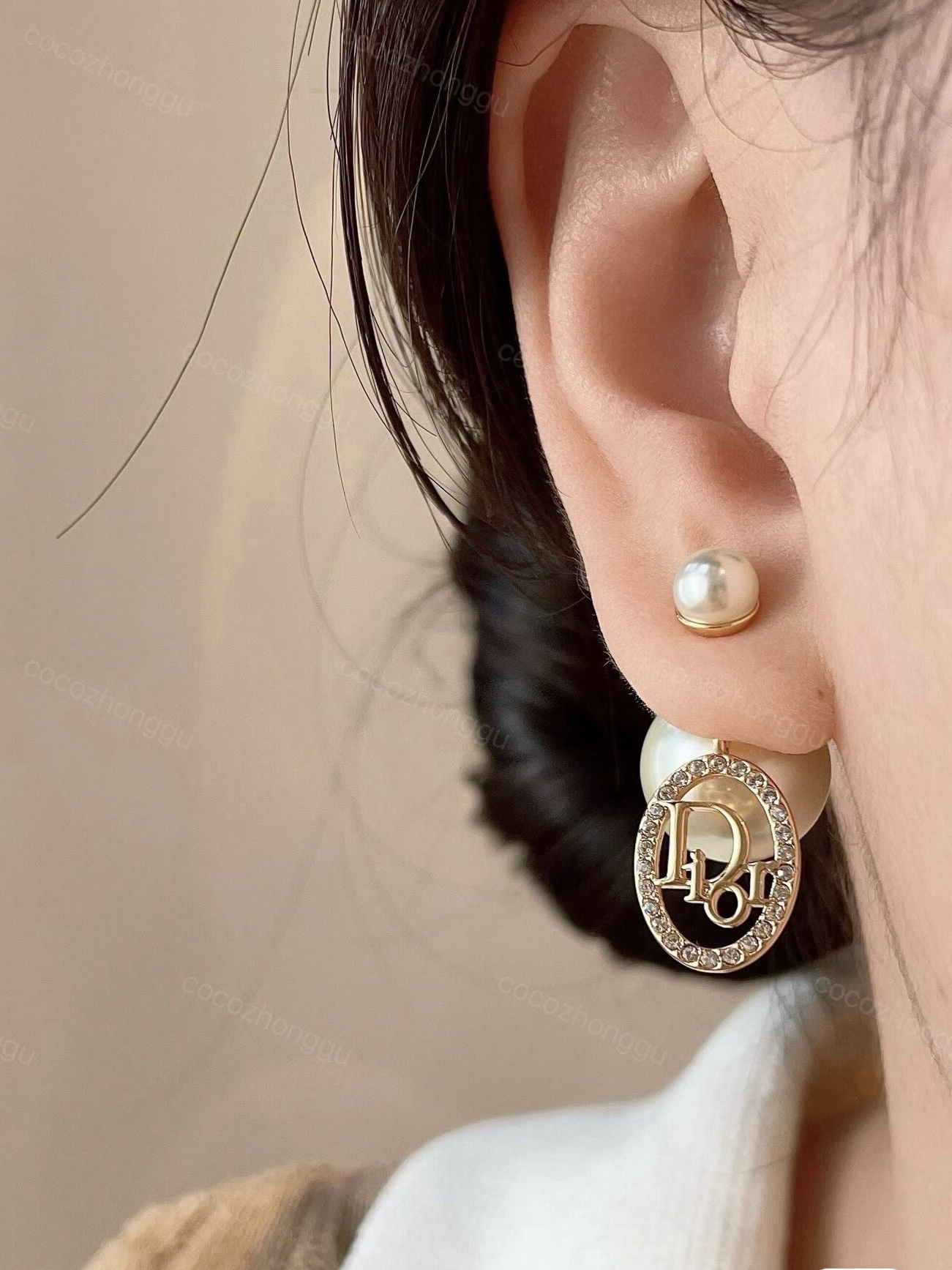 dior gold pearl cannage circle drop earrings